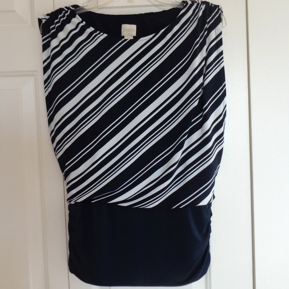 Chico's Womens Black White Pleated Lined Knit Kit Stripe Sleeveless Blouse Sz 0